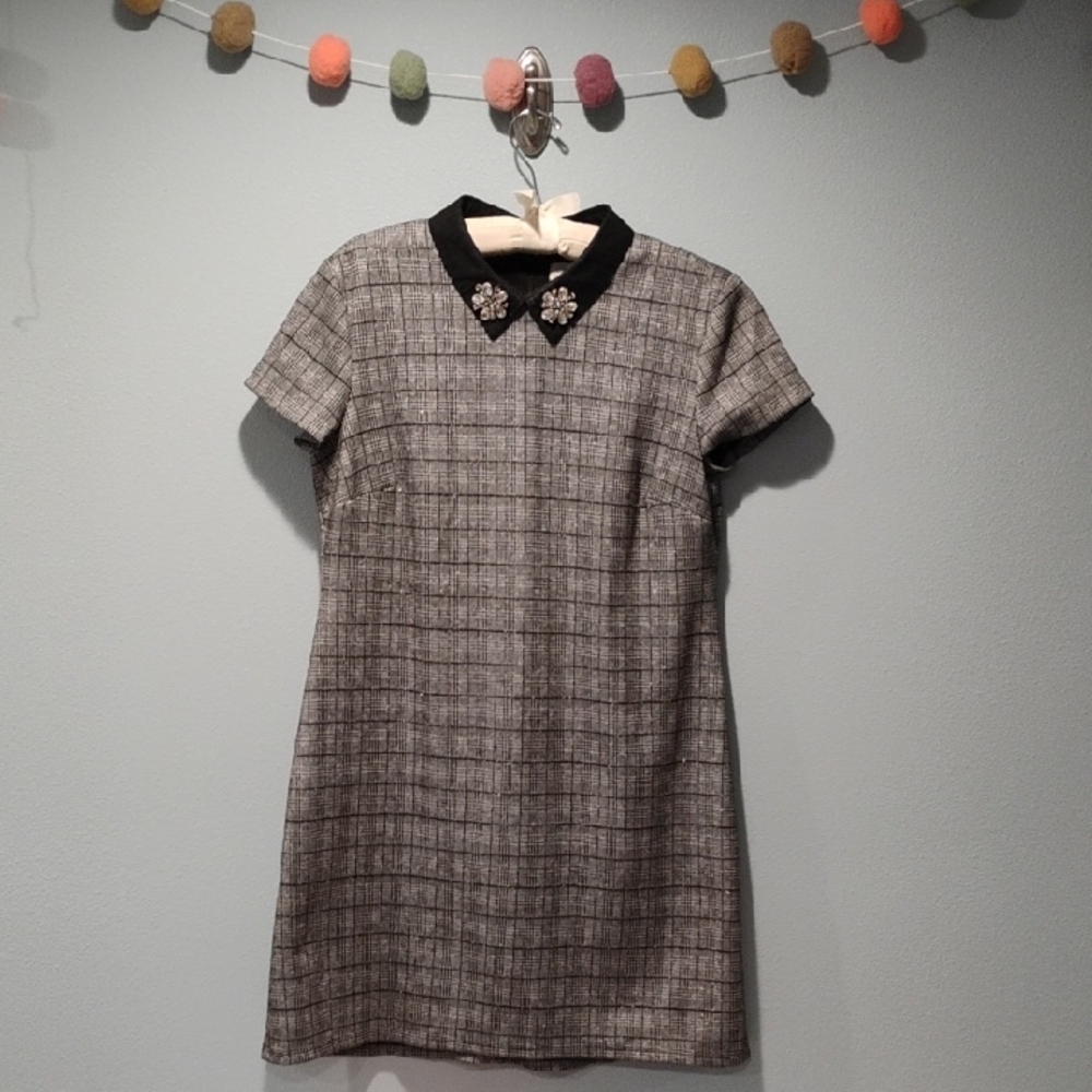 Maison Jules Black & Gray Plaid Short-Sleeve Dress with Jeweled Collar